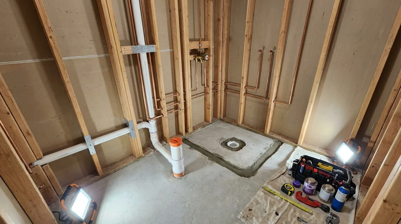 Bathroom rough-in plumbing during remodel by Johns Plumbing LLC in Lordsburg