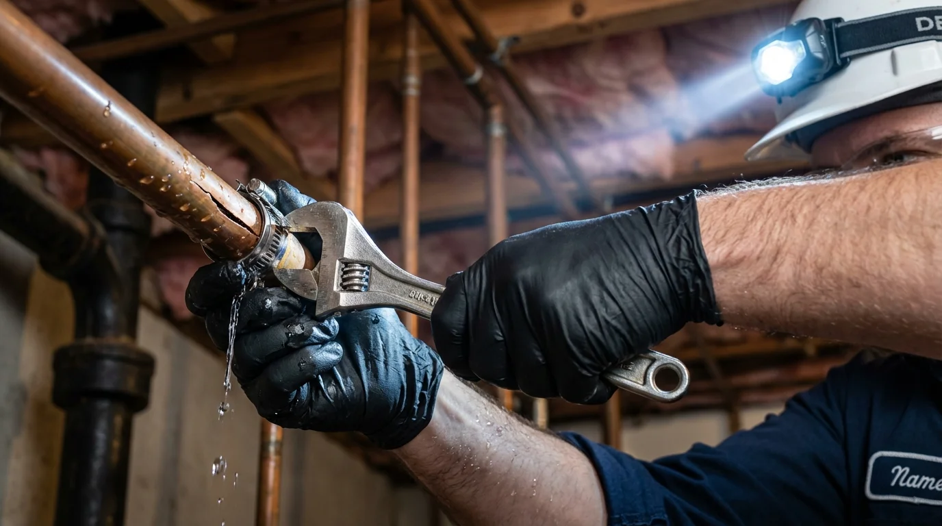 Emergency pipe clamp repair being performed by a Johns Plumbing LLC plumber in Lordsburg
