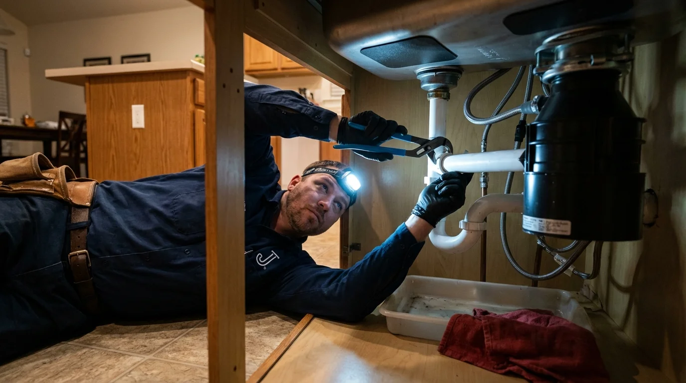 P-trap and supply line connections under a kitchen sink showing a common leak point in Lordsburg, NM